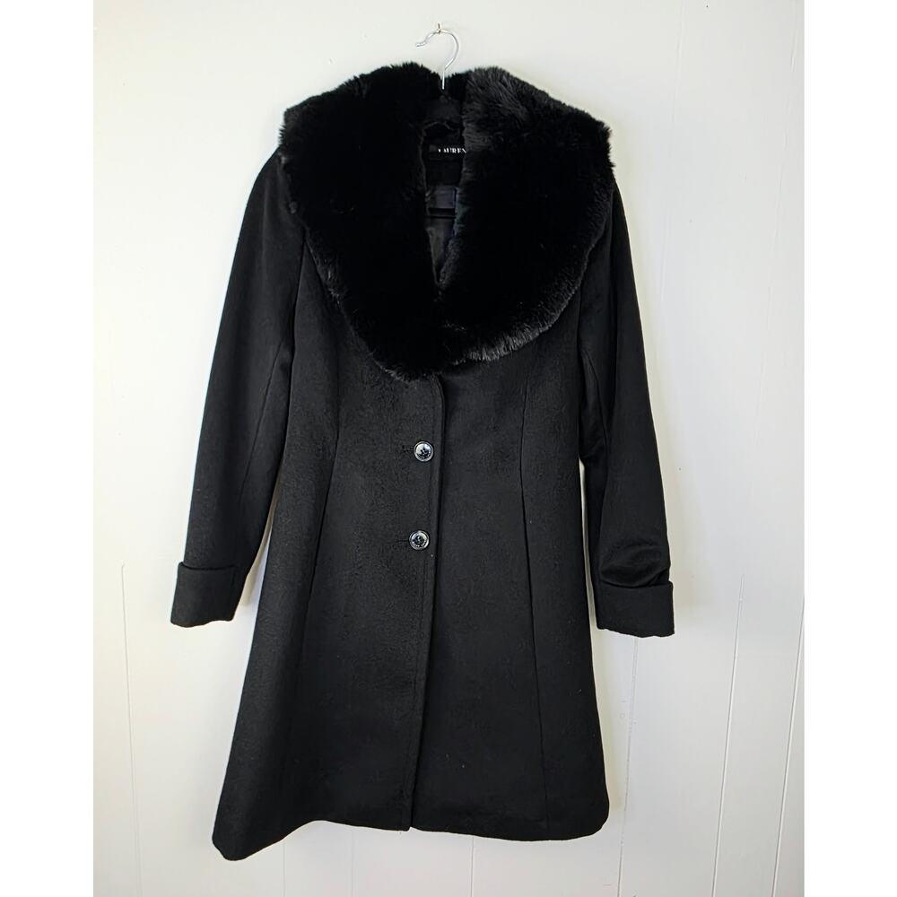 Lauren Ralph Lauren Wool Blend Coat 2P Black Faux Fur Collar Old Money Long - Picture 3 of 12